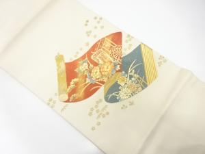 箔置き　巻物に御所車・牡丹・菊模様　名古屋帯